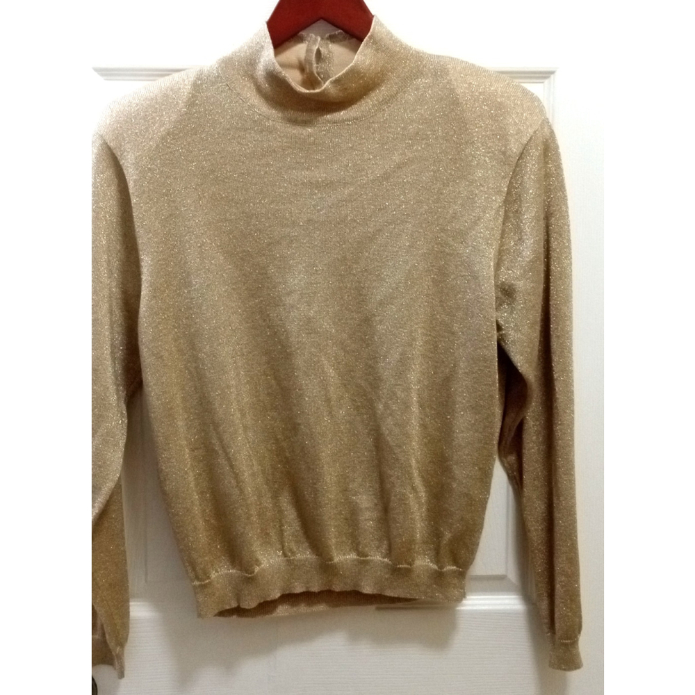 Vtg Talbots Womens Sz M Mock Neck Gold Metallic Long Sleeve Shimmer Holiday